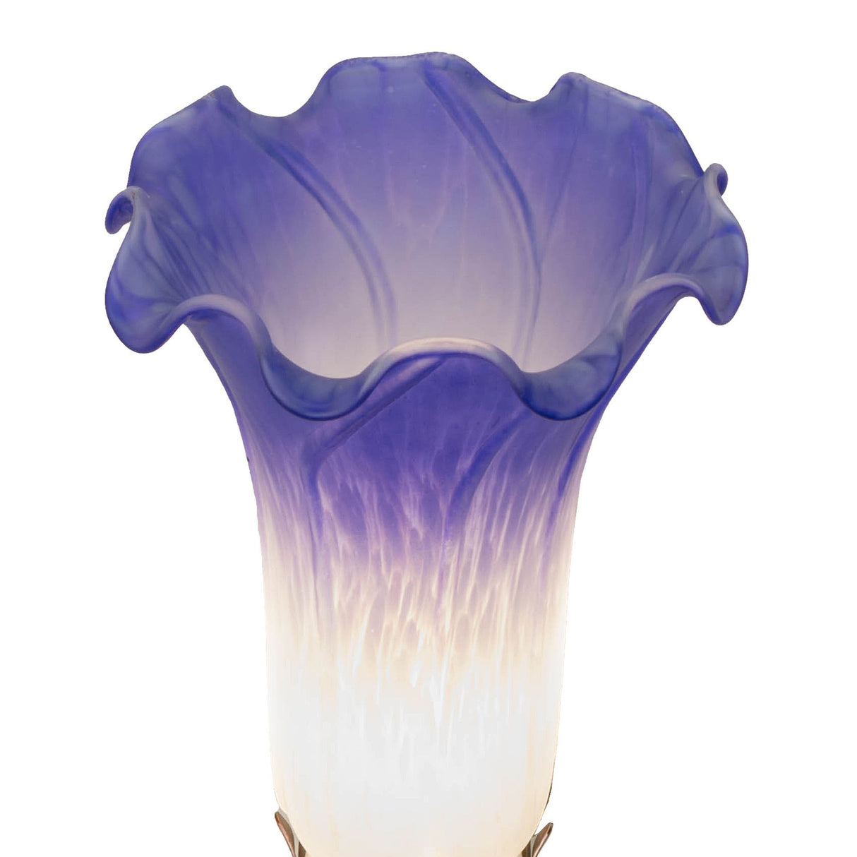Close-up of the flared blue and white glass shade on the Pond Lily mini lamp.