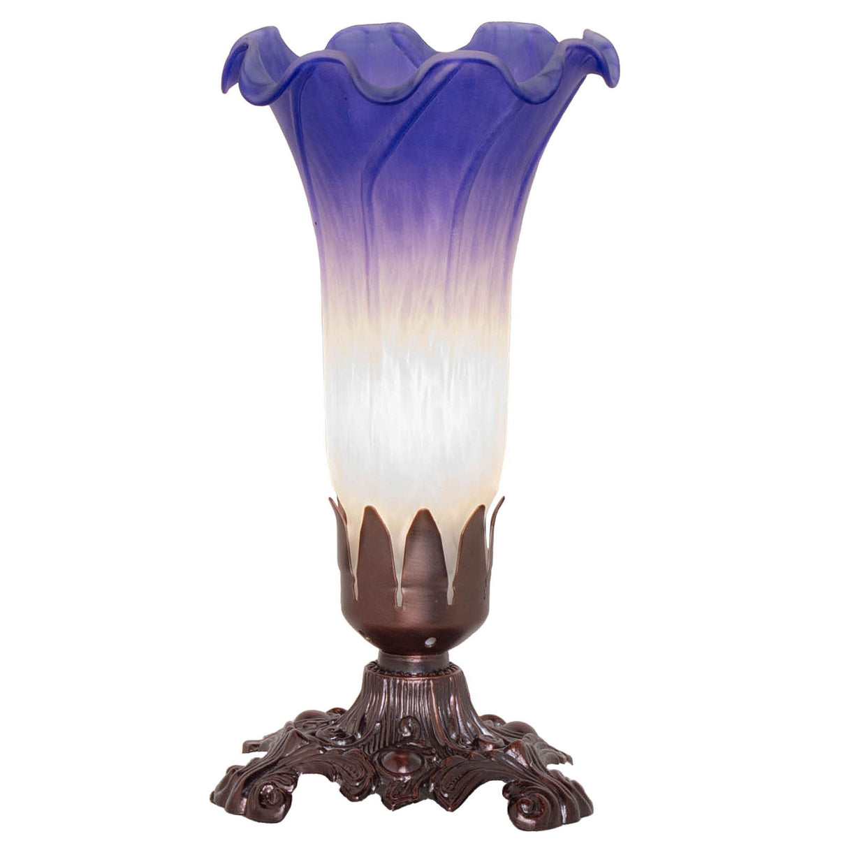 Front-facing view of the blue and white Pond Lily mini lamp displaying its curved floral shape.