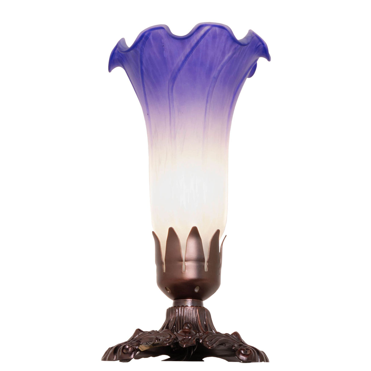 Side angle view of the blue and white Pond Lily mini lamp with a decorative base.