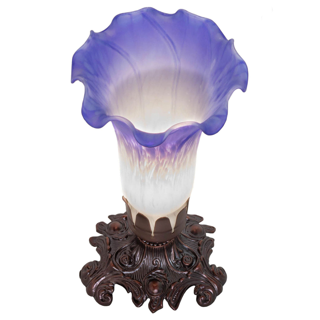 Top-down view of the blue and white Pond Lily mini lamp highlighting the flared glass shade.