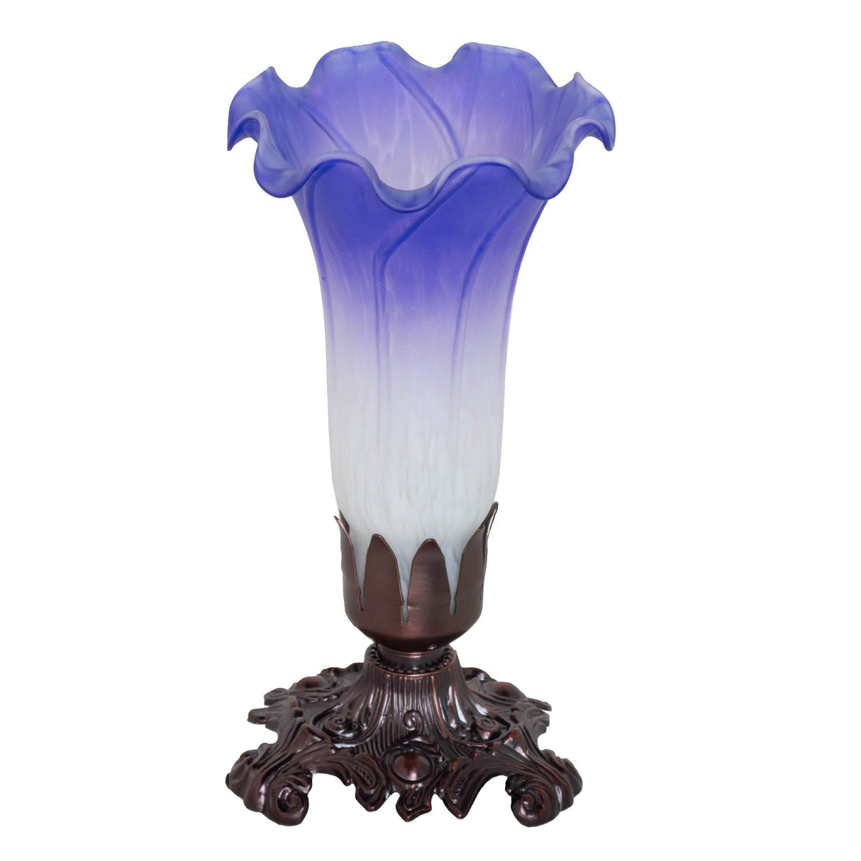 Unlit blue and white Pond Lily mini lamp showcasing intricate glass details.