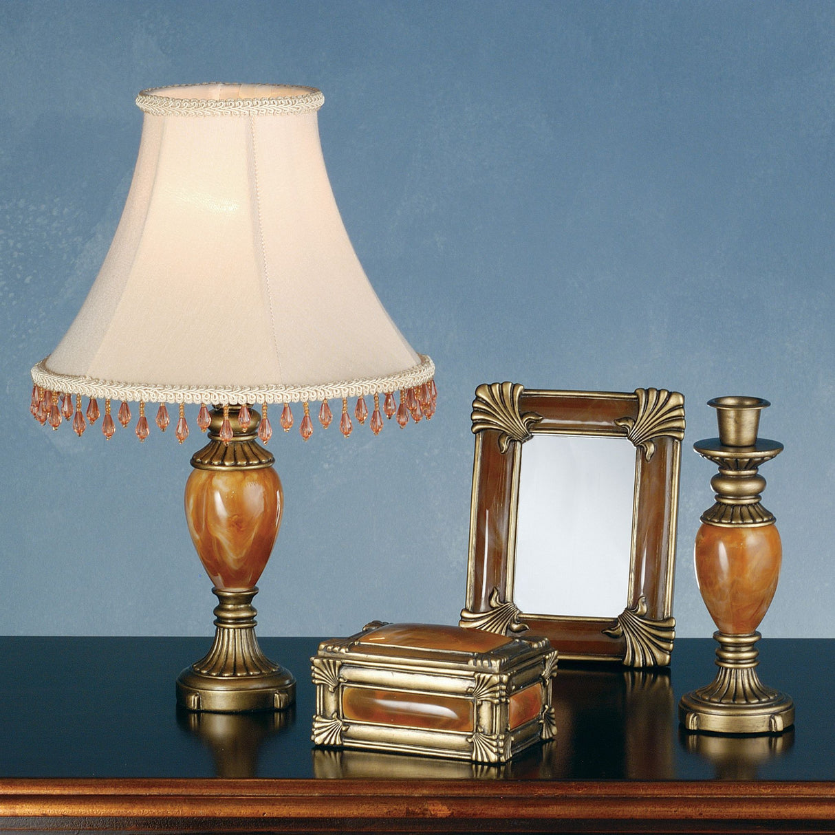 Elegant Boca Raton 4-piece vanity set featuring antique brass accents and Carnelian stone.