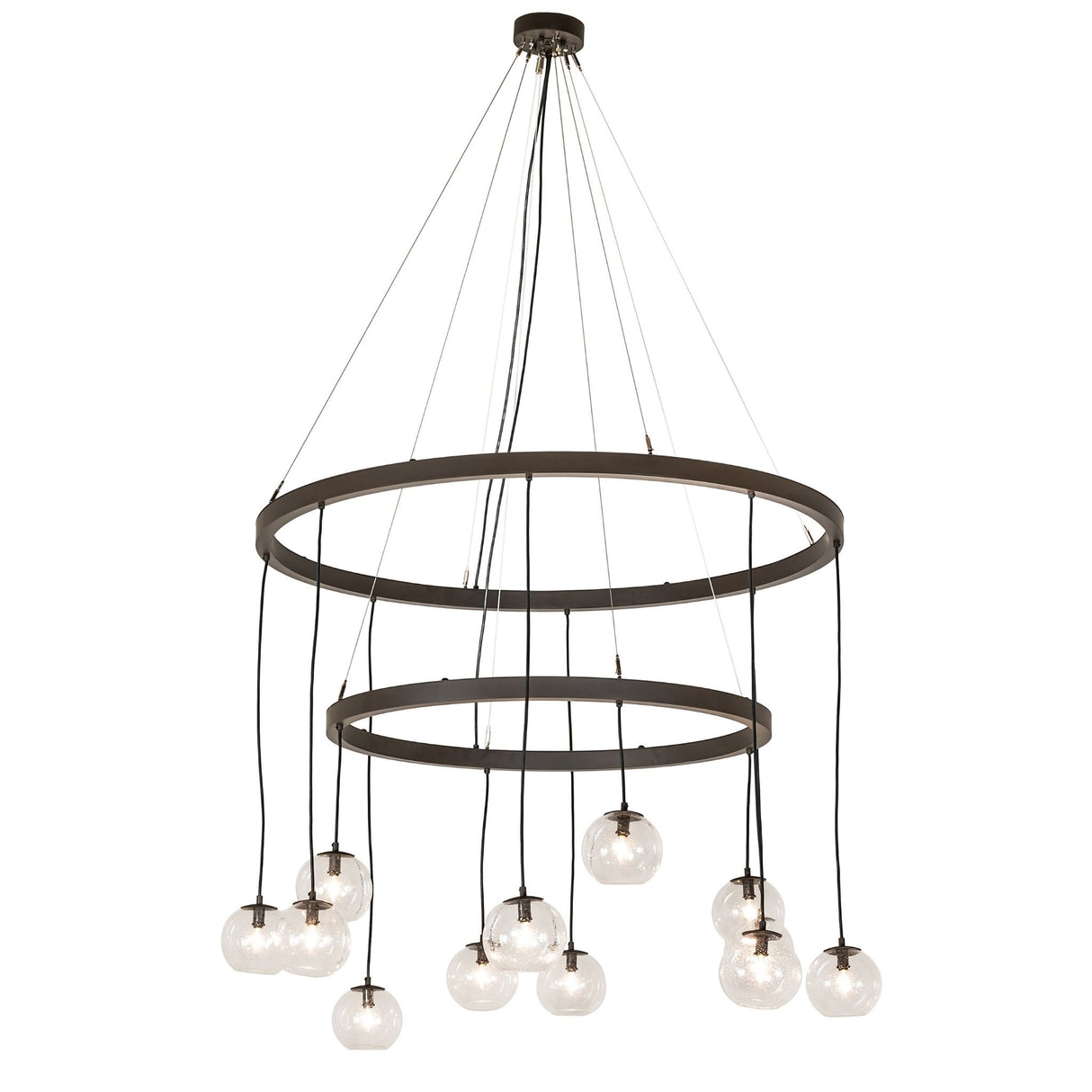 Lit view of 12 light 2 tier chandelier with cascading clear glass orbs and oil rubbed bronze finish.
