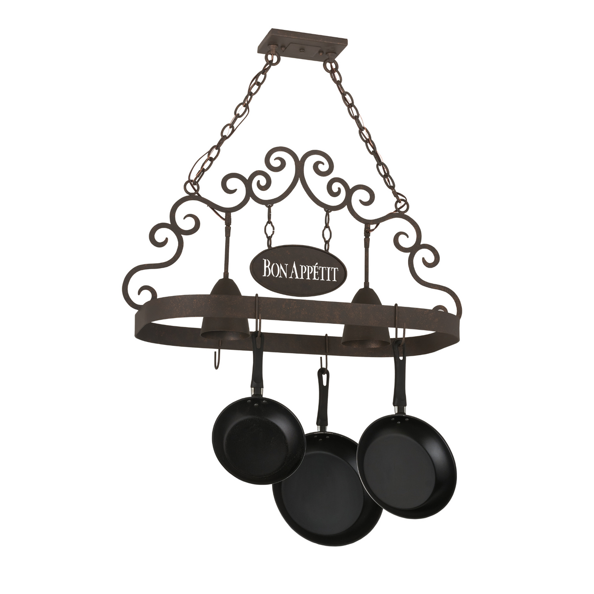 Unlit Bon Appetit 2-light pot rack shown at angle.