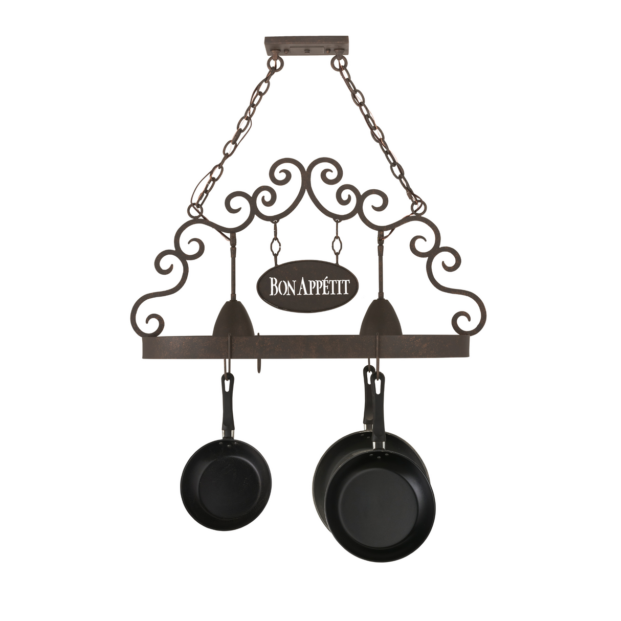 Straight front unlit view of Bon Appetit 2-light pot rack.