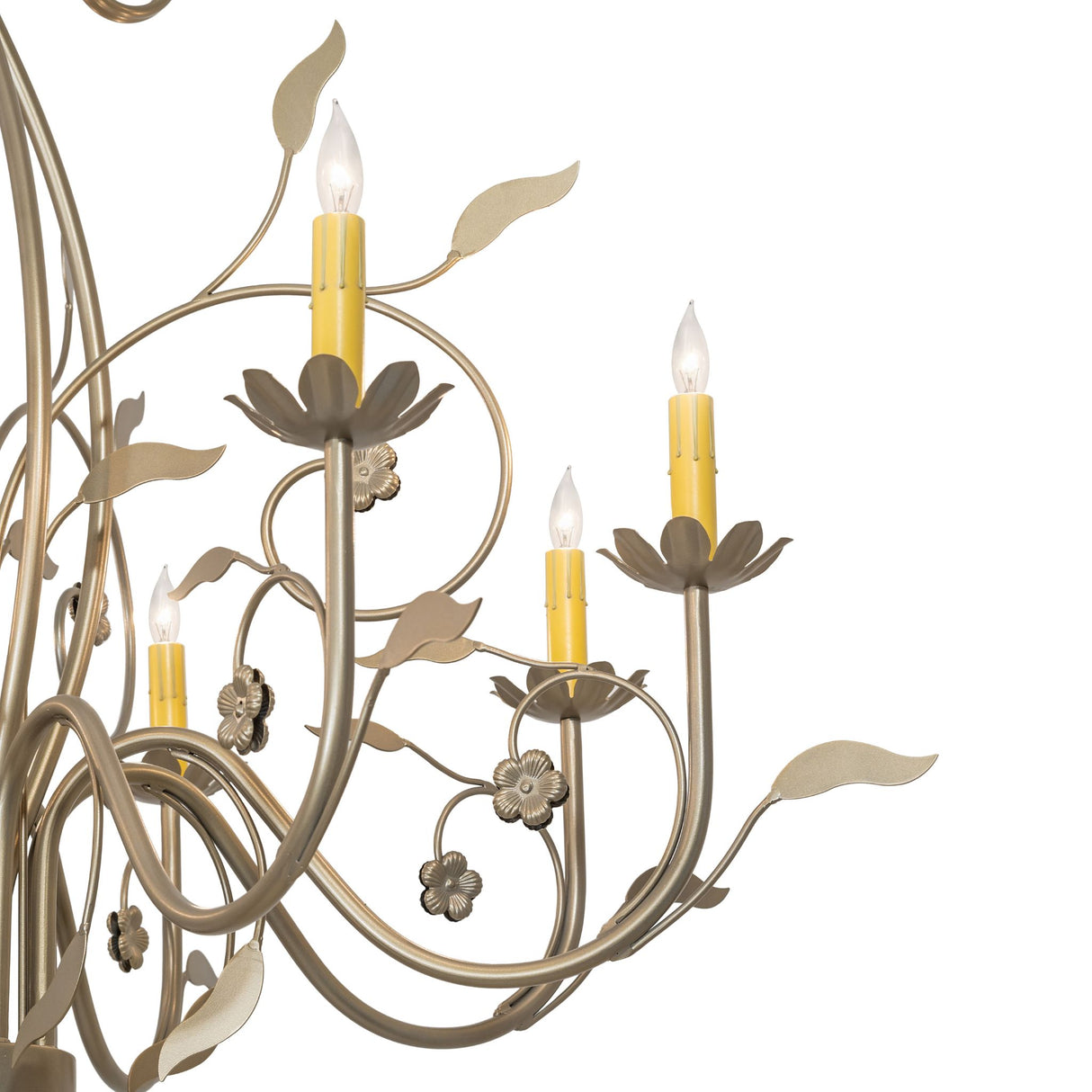 Close-up of Bordeaux chandelier candlelight with floral bobeche and curved metal arm.