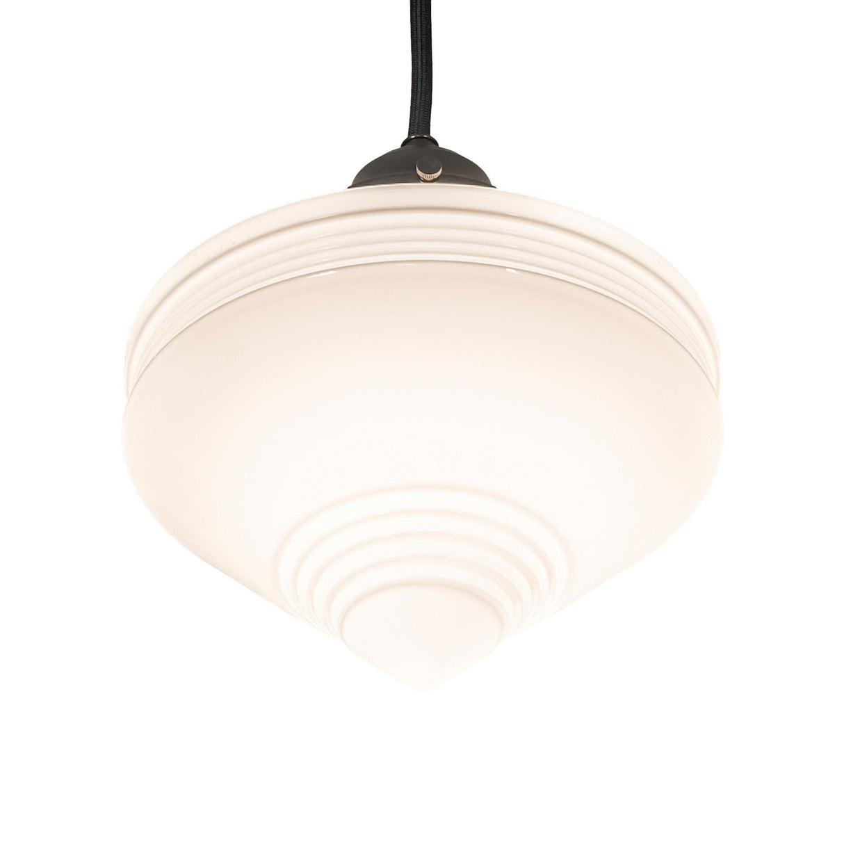 Bottom perspective of the deco globe pendant with sleek white finish.