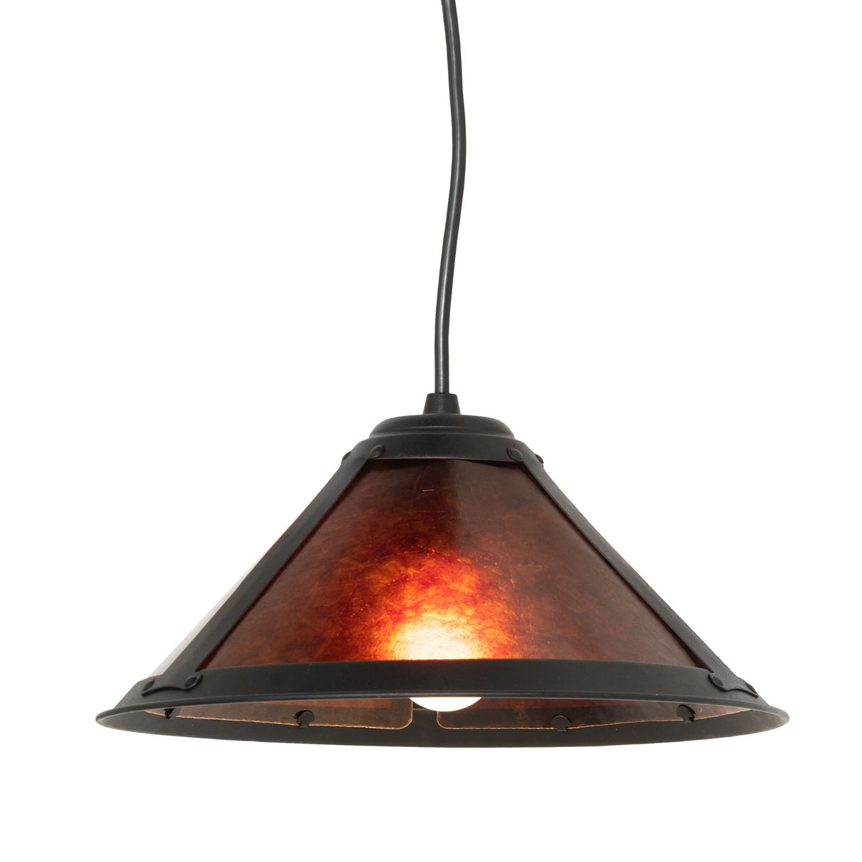 Bottom view of the Sutter pendant with glowing amber panels and a rustic black frame.