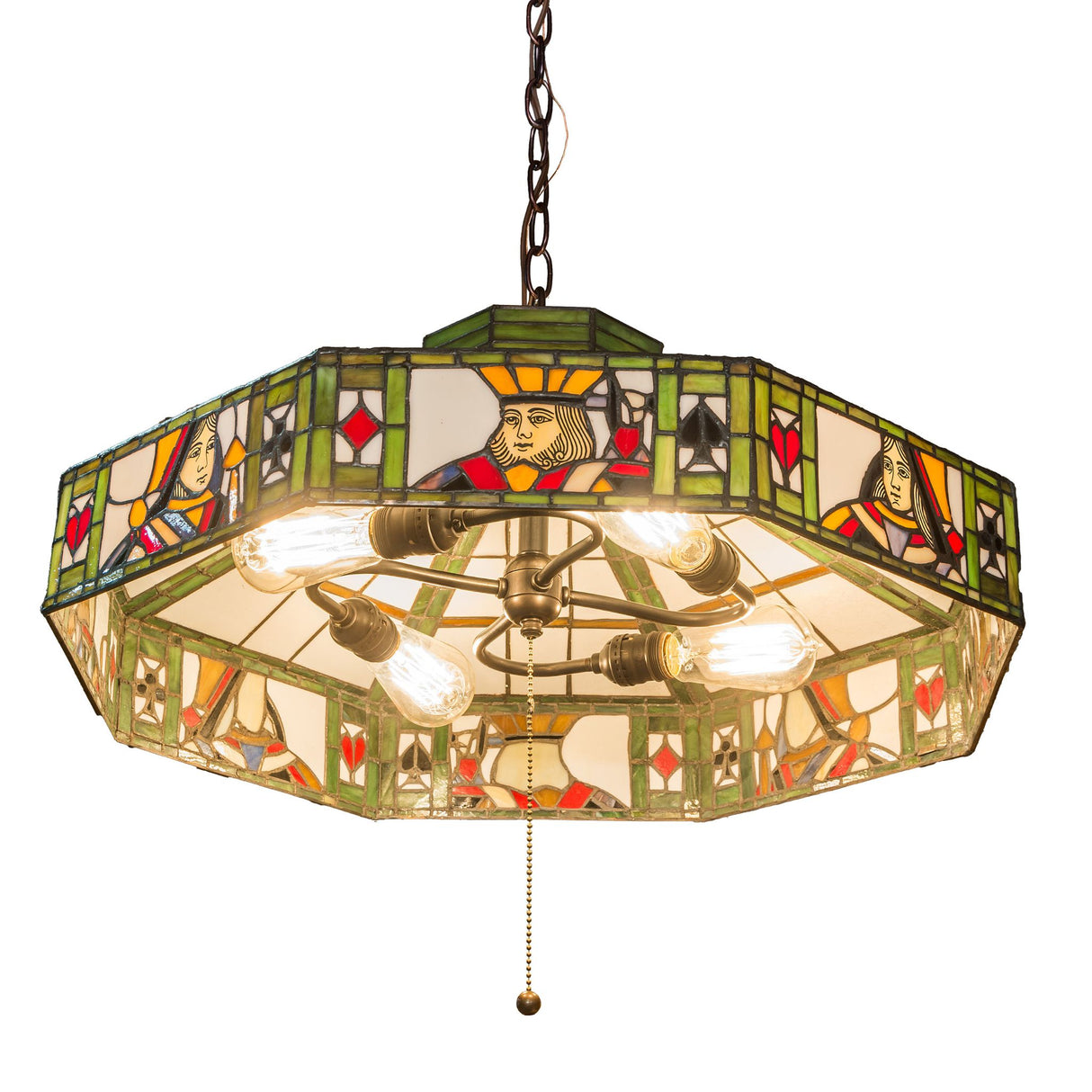 Bottom view of Poker Face pendant with decorative stained glass and exposed bulbs.
