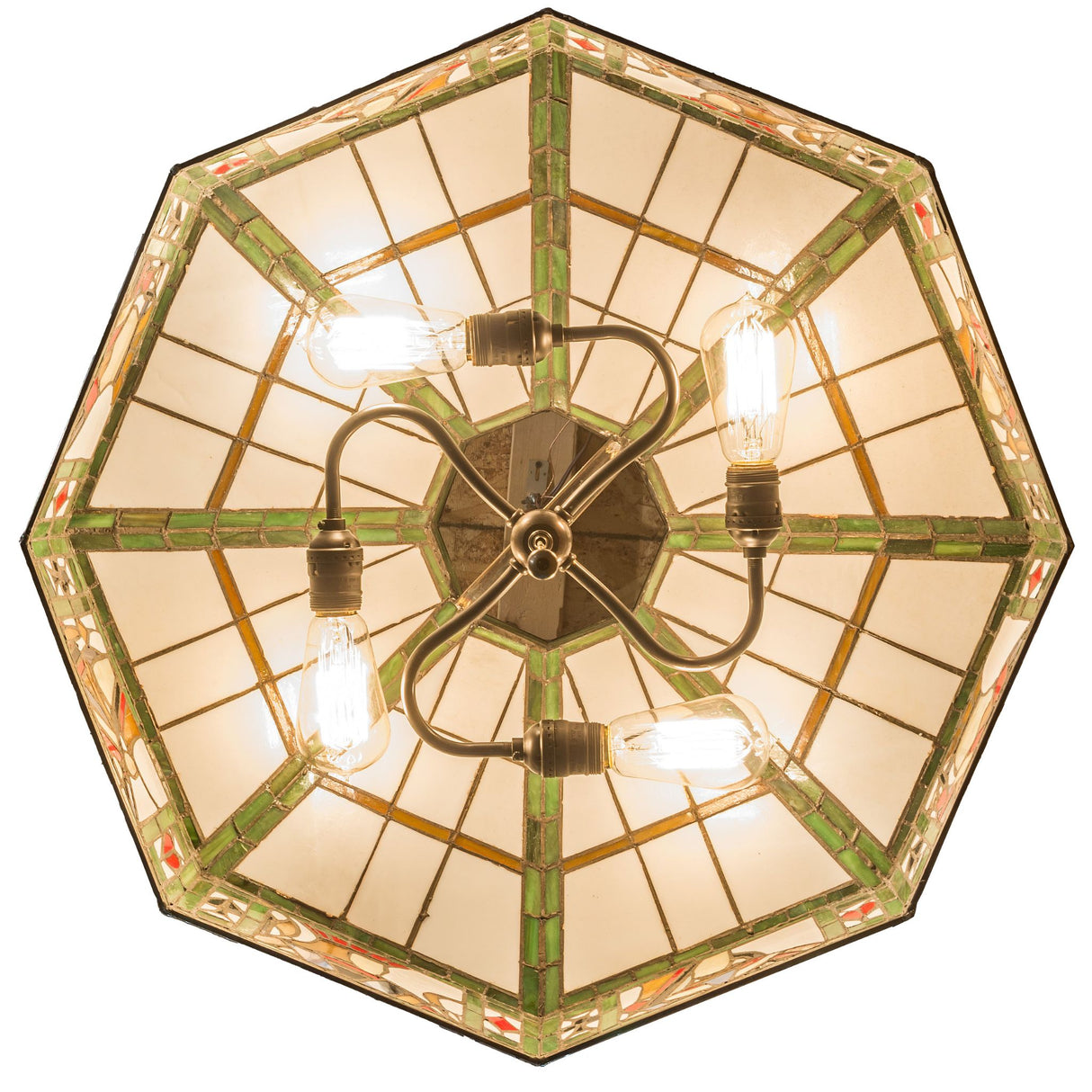 Bottom view of Poker Face pendant highlighting stained glass design and exposed light bulbs.