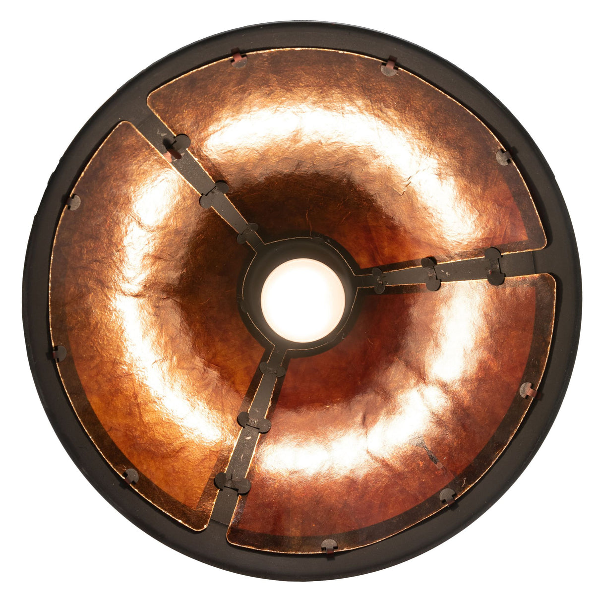 Bottom view of Sutter pendant light showcasing its luminous amber mica interior and bulb.
