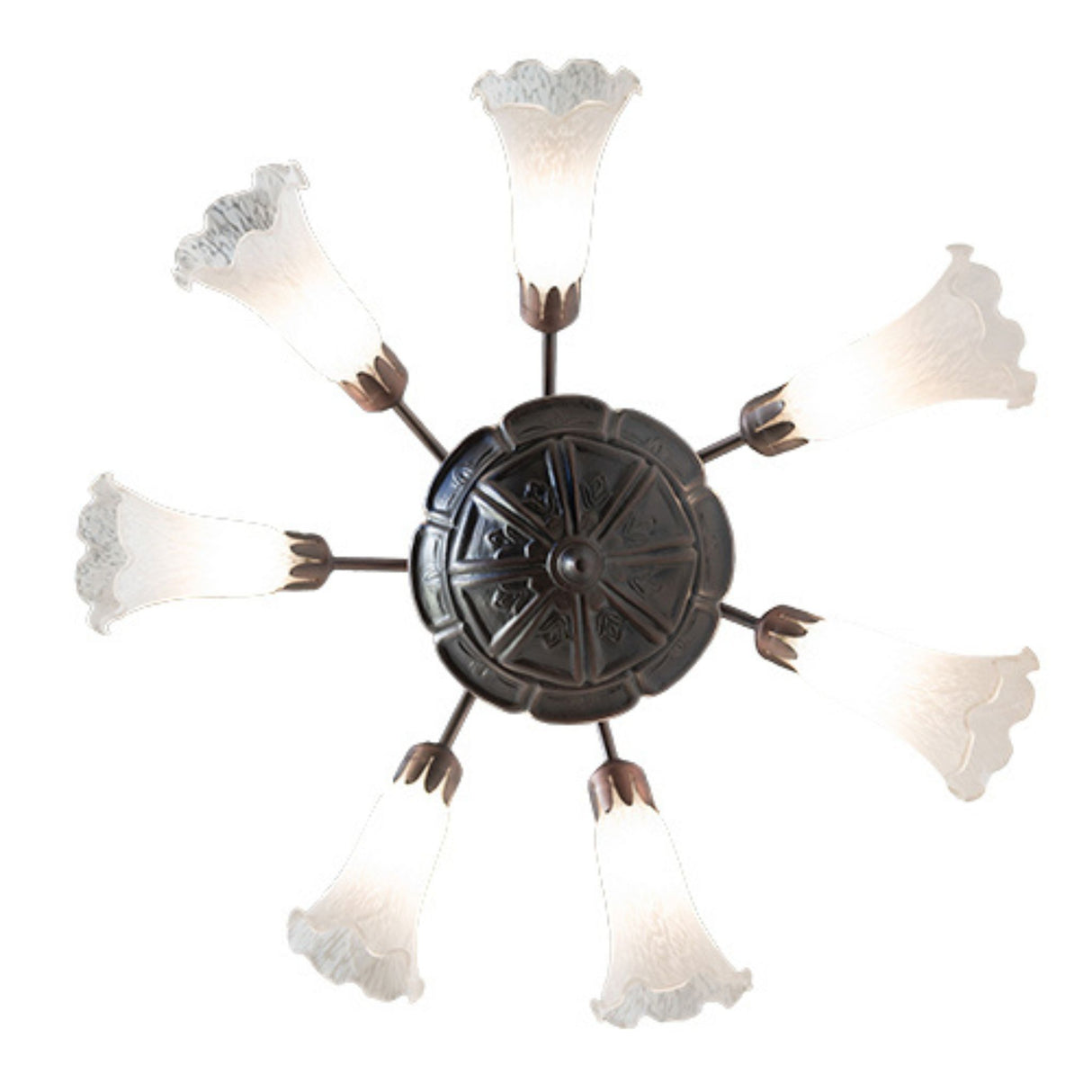 bottom view showing white lily arrangement on Tiffany chandelier
