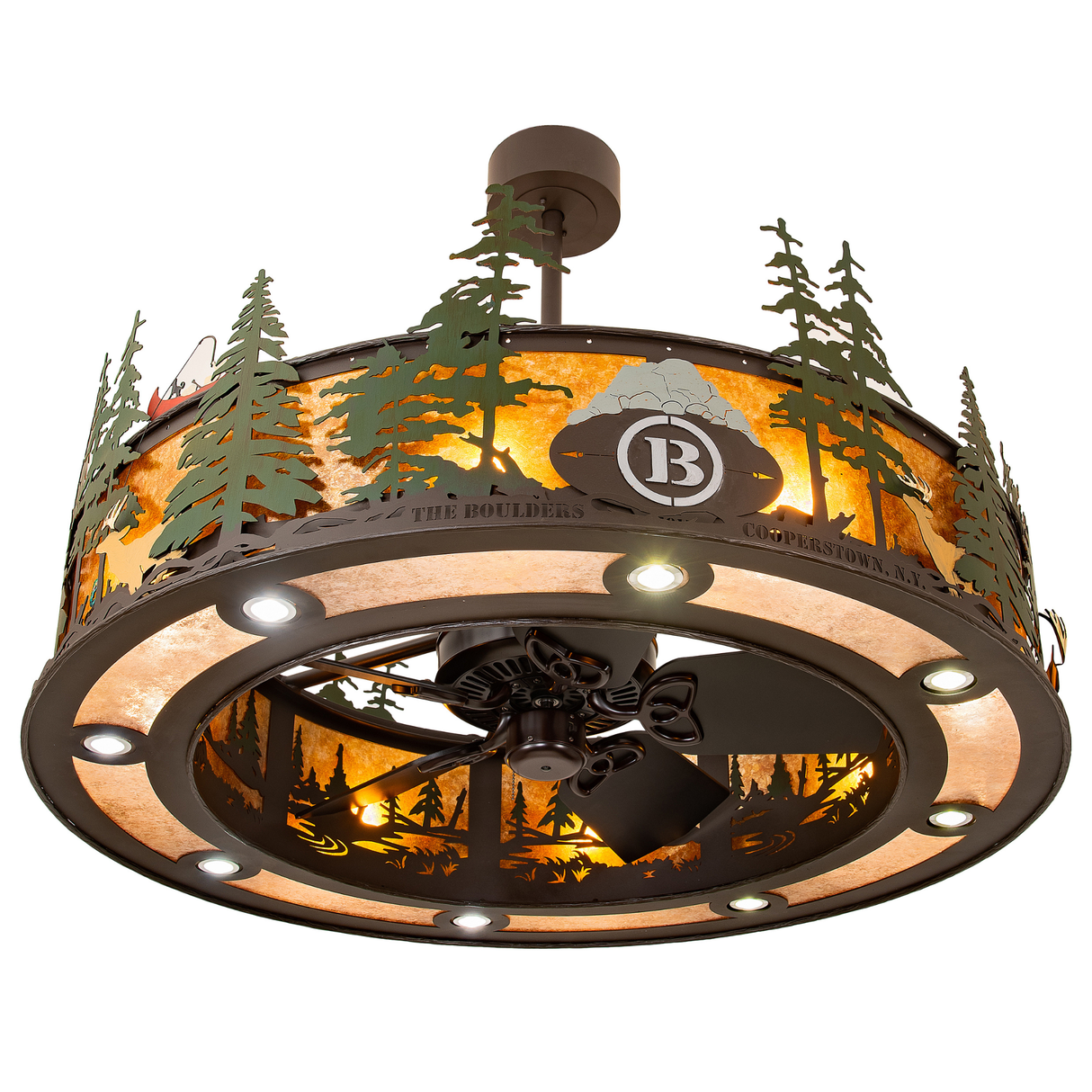 Bottom angle lit view showing fan blades and illuminated forest pattern.