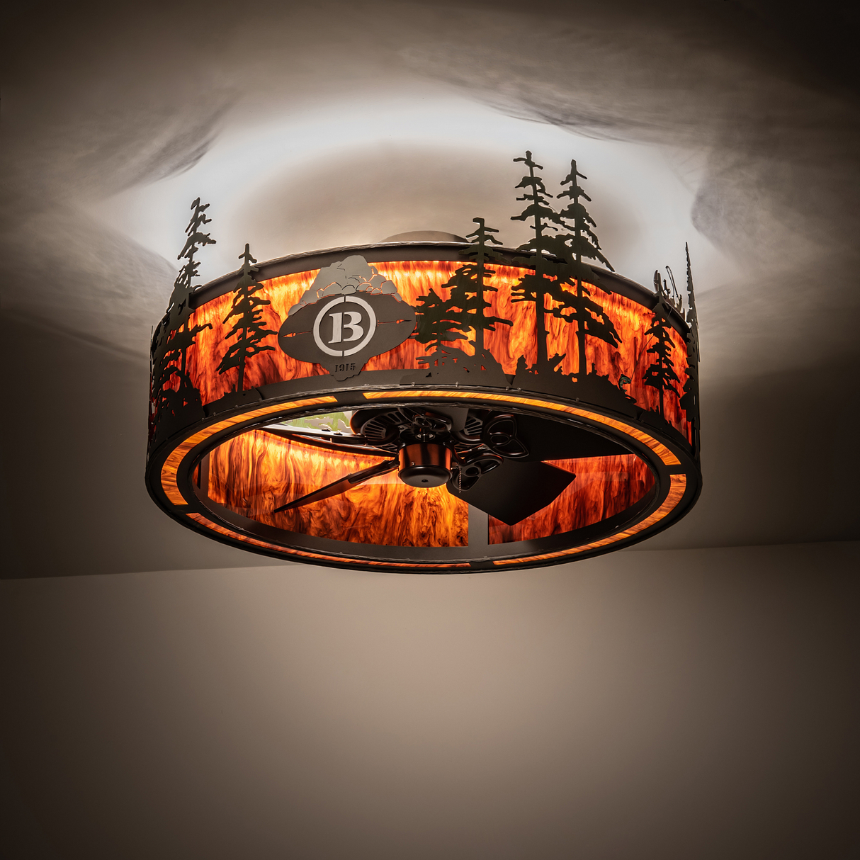 Boulders Personalized Chandel-Air glowing warmly in room setting.
