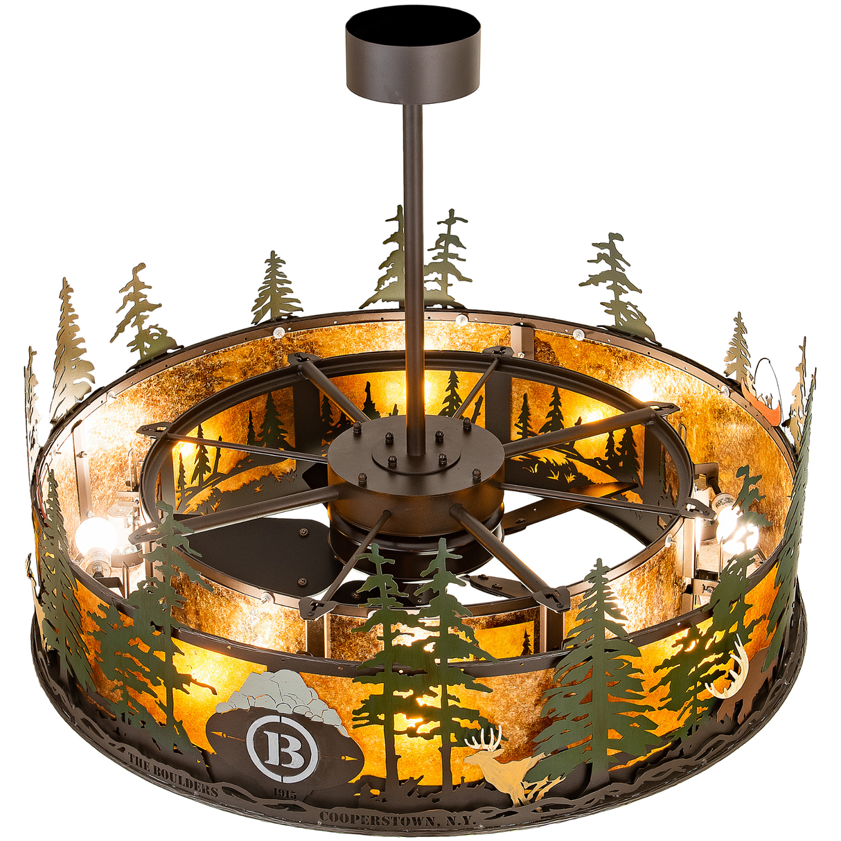 Top angle lit view of Boulders Personalized Chandel-Air with fan and lights visible.