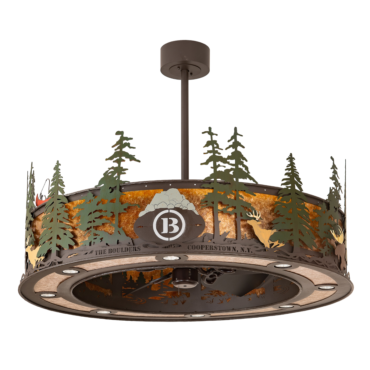 Unlit front angled view showing forest silhouettes and engraved logo.