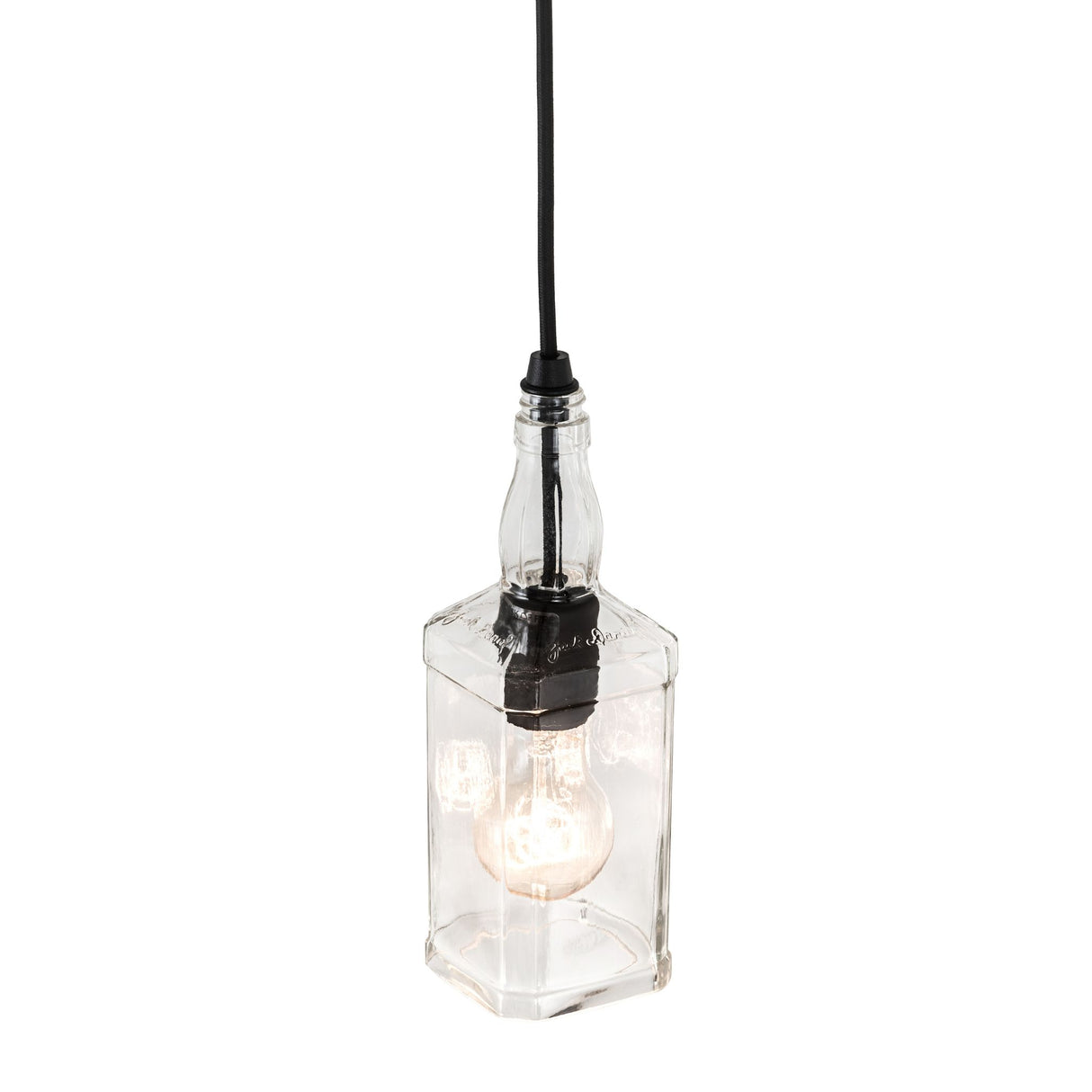 Angled view of bourbon bottle pendant with a black cord.