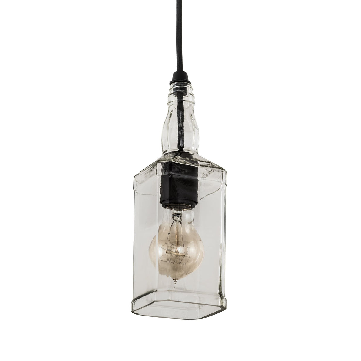 Clear glass bourbon bottle pendant with a lit bulb