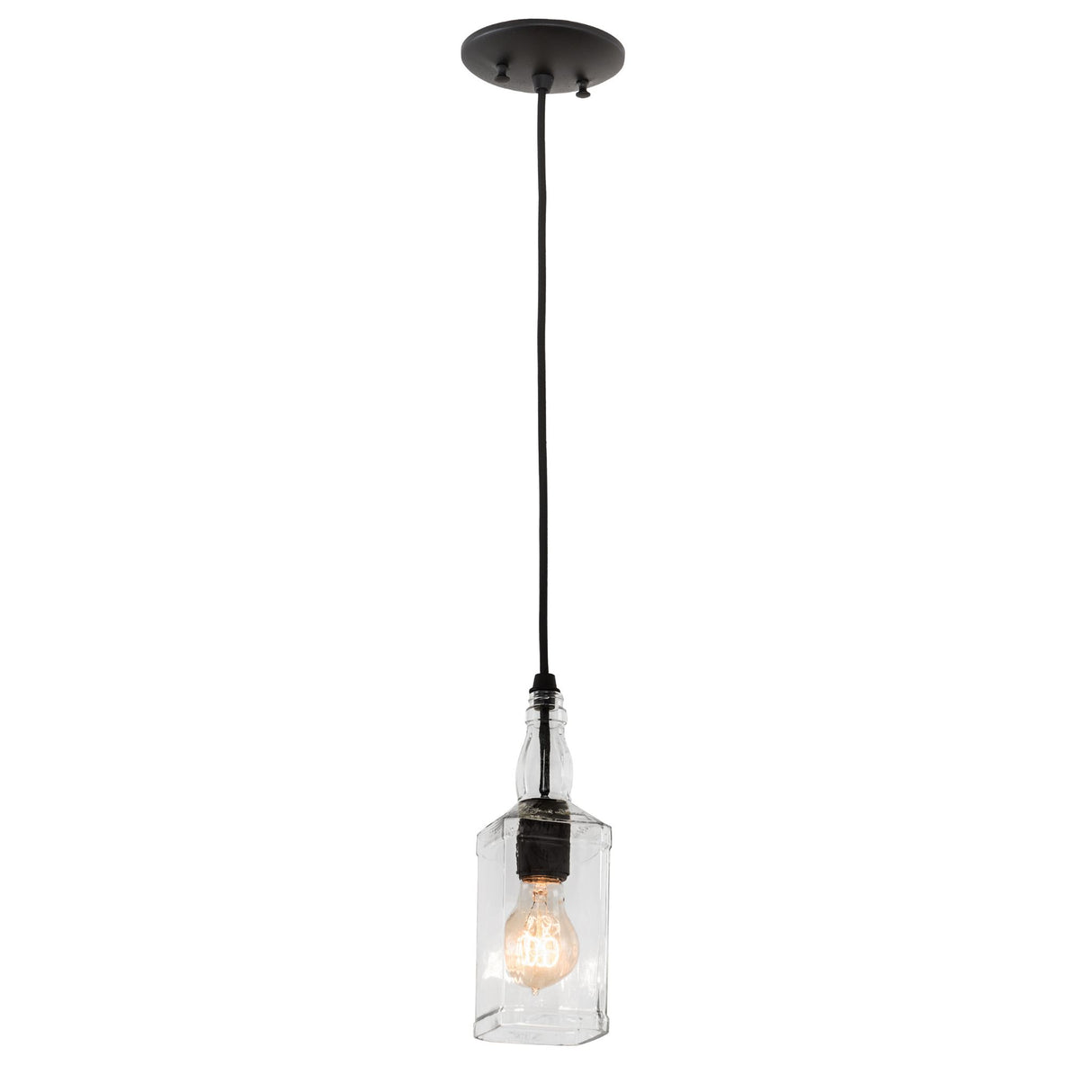 Complete bourbon bottle pendant setup hanging from ceiling.