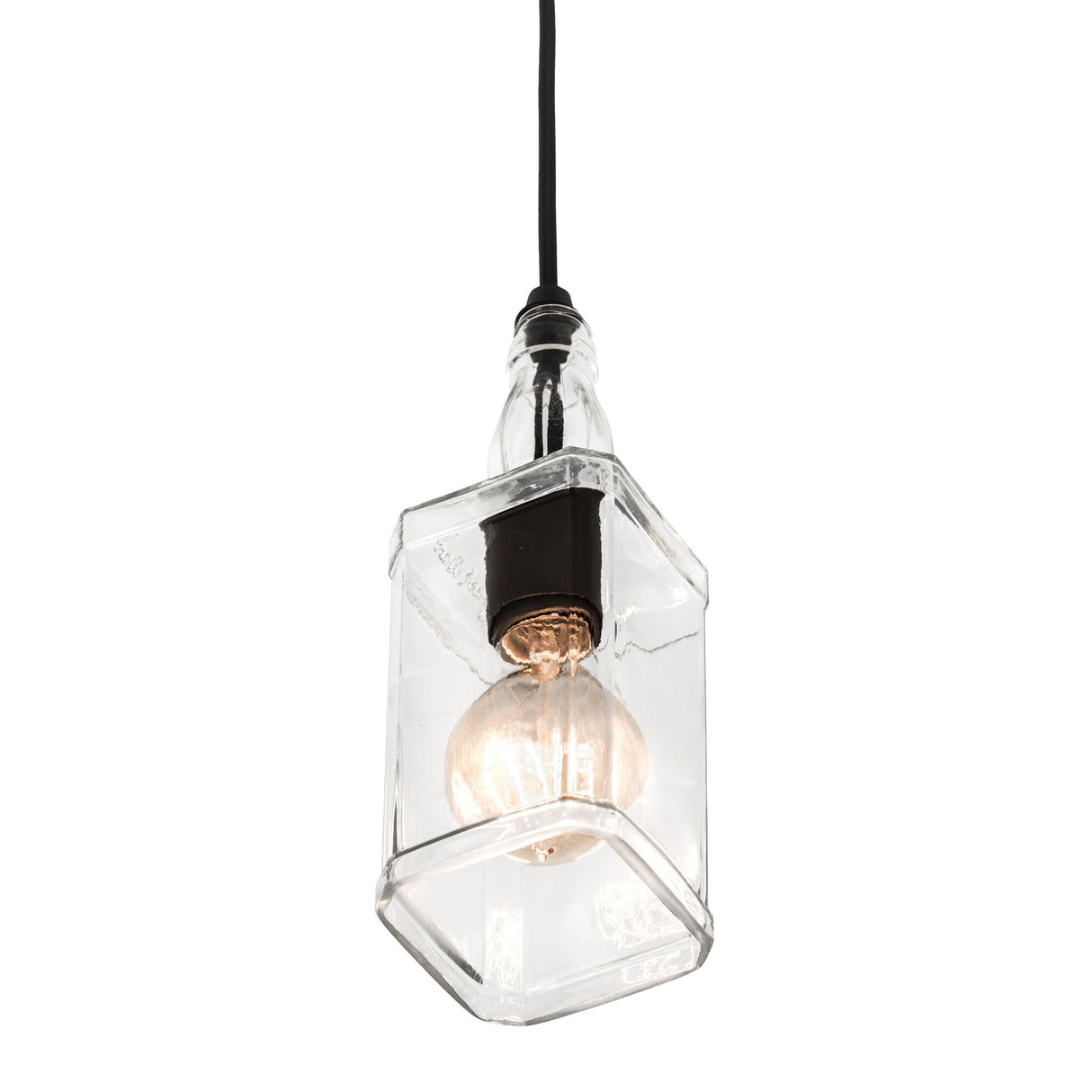 Direct view of bourbon bottle pendant light with glowing filament.