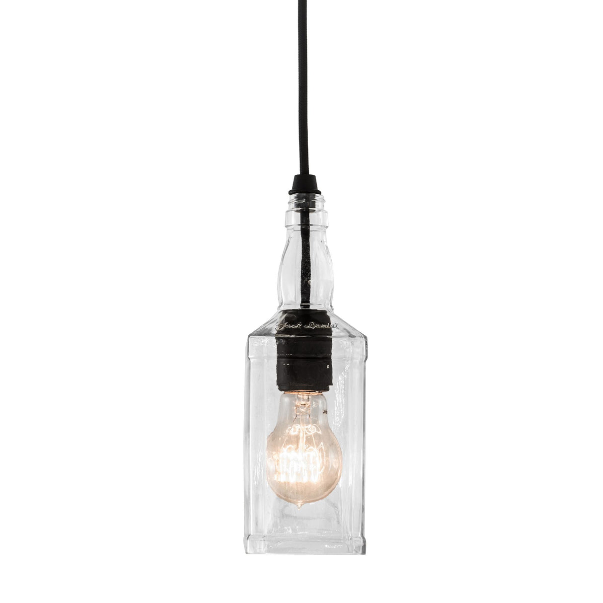Side view of a bourbon bottle mini pendant with filament bulb.