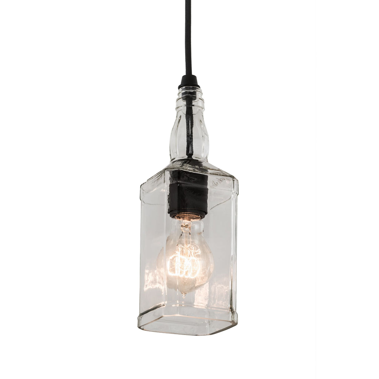 Single bourbon bottle pendant with a visible filament bulb.