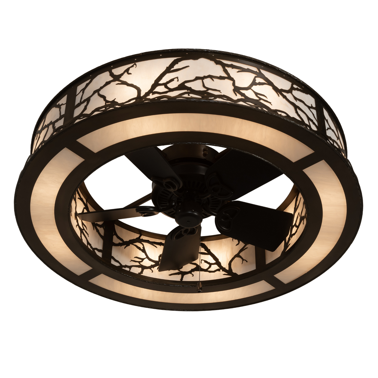 Bottom angle view revealing fan blades and lighted circular bronze frame.