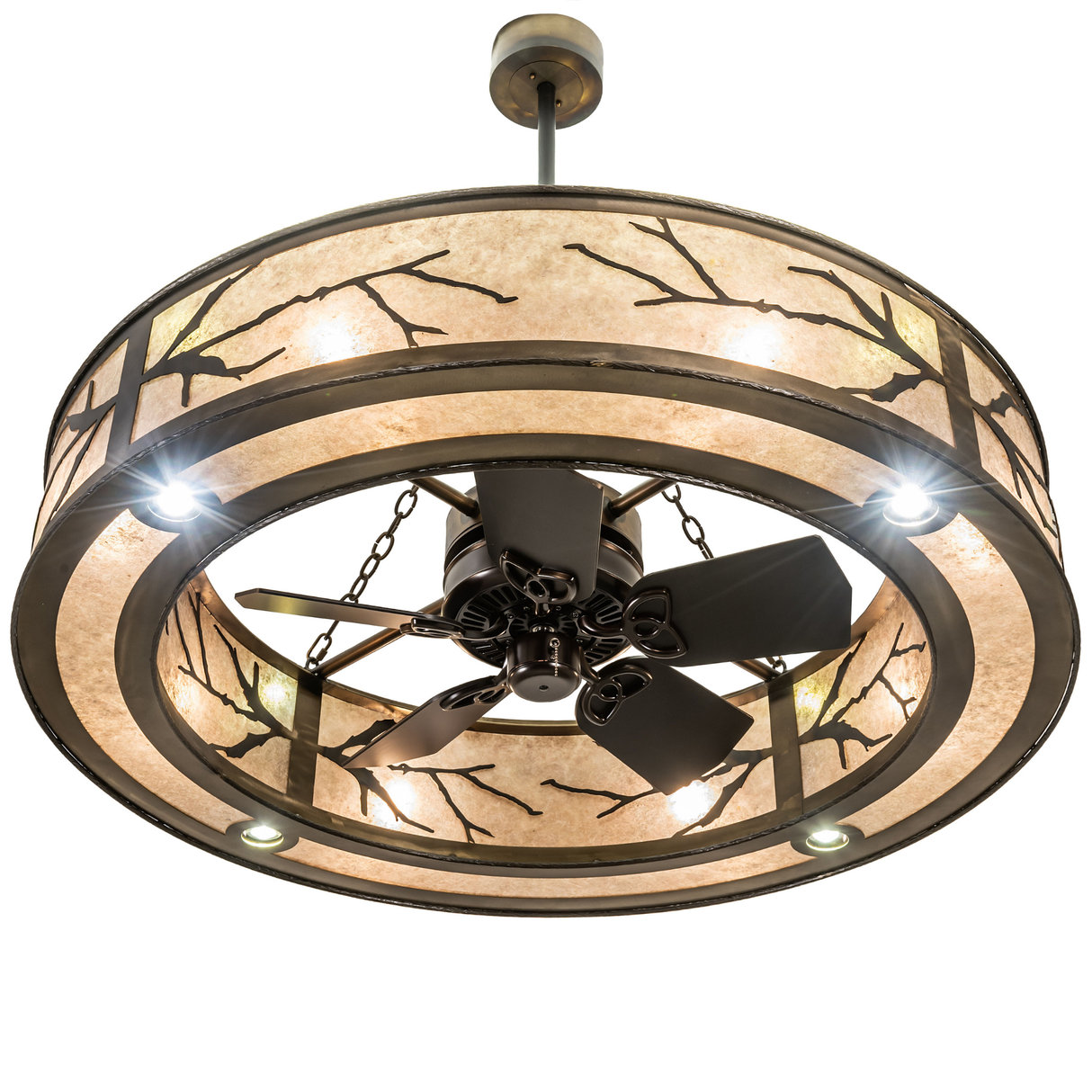 Angled bottom view showing fan and lights inside the round mica frame.