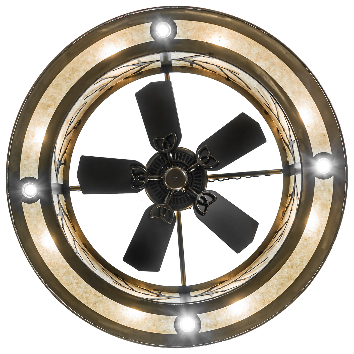 Direct bottom view of fan and circular light ring inside mica diffuser.