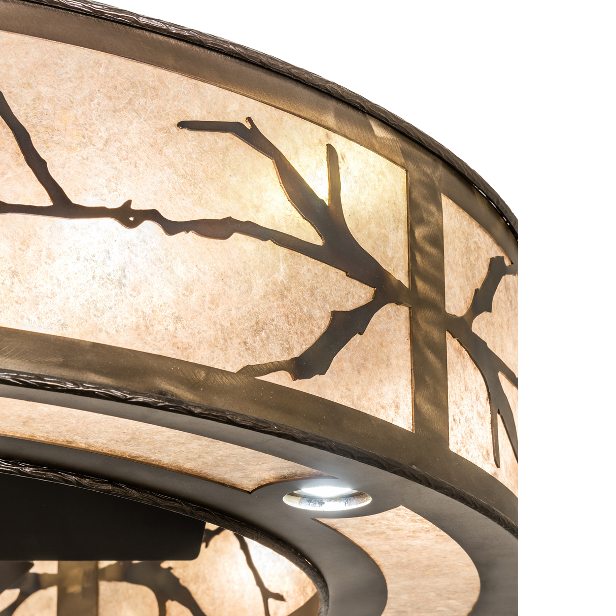 Edge view highlighting metal trim and glowing mica diffuser.