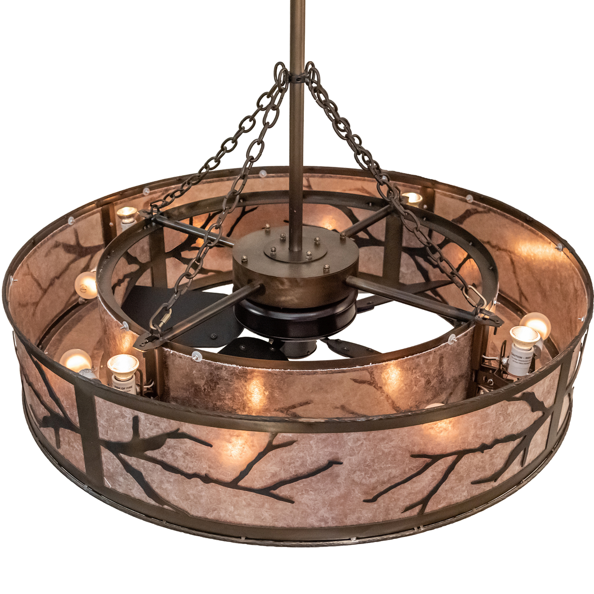 Top view showing fan mount, chain supports, and internal lighting details.