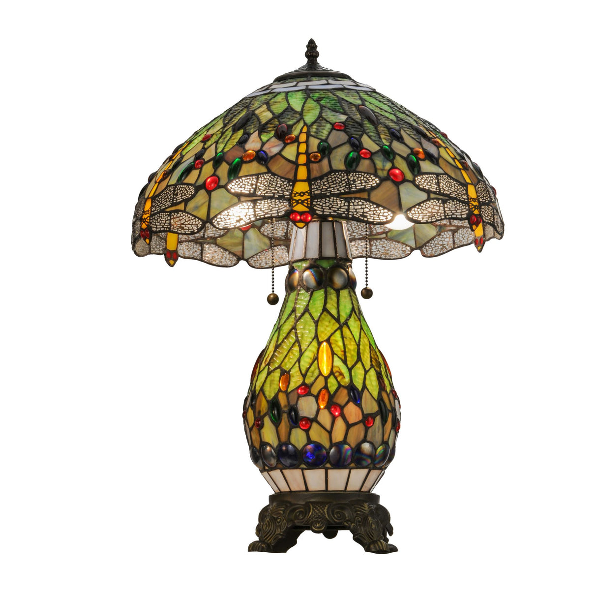 Bright Tiffany lamp with intricate dragonfly designs.