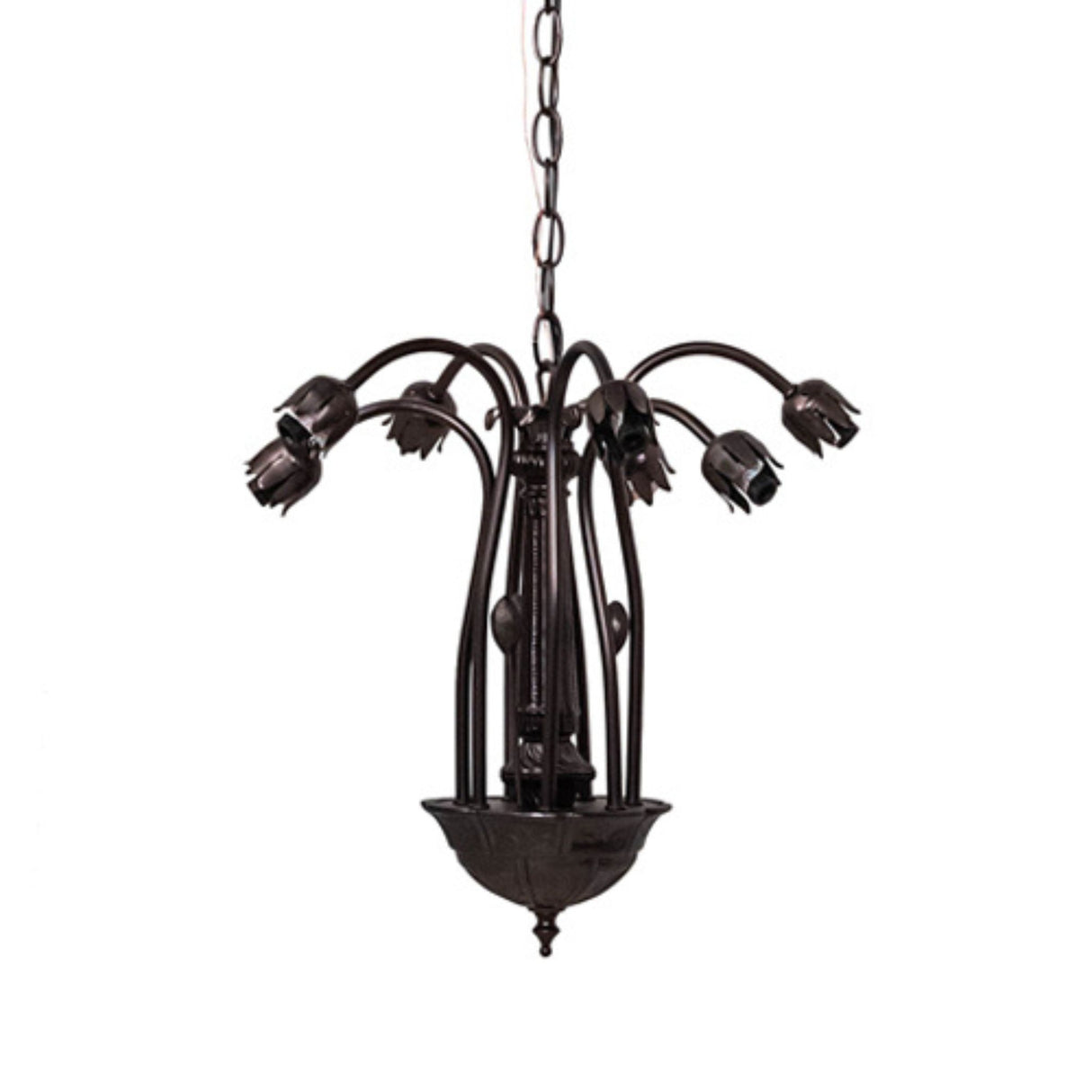 Dark bronze chandelier framework without glass shades.