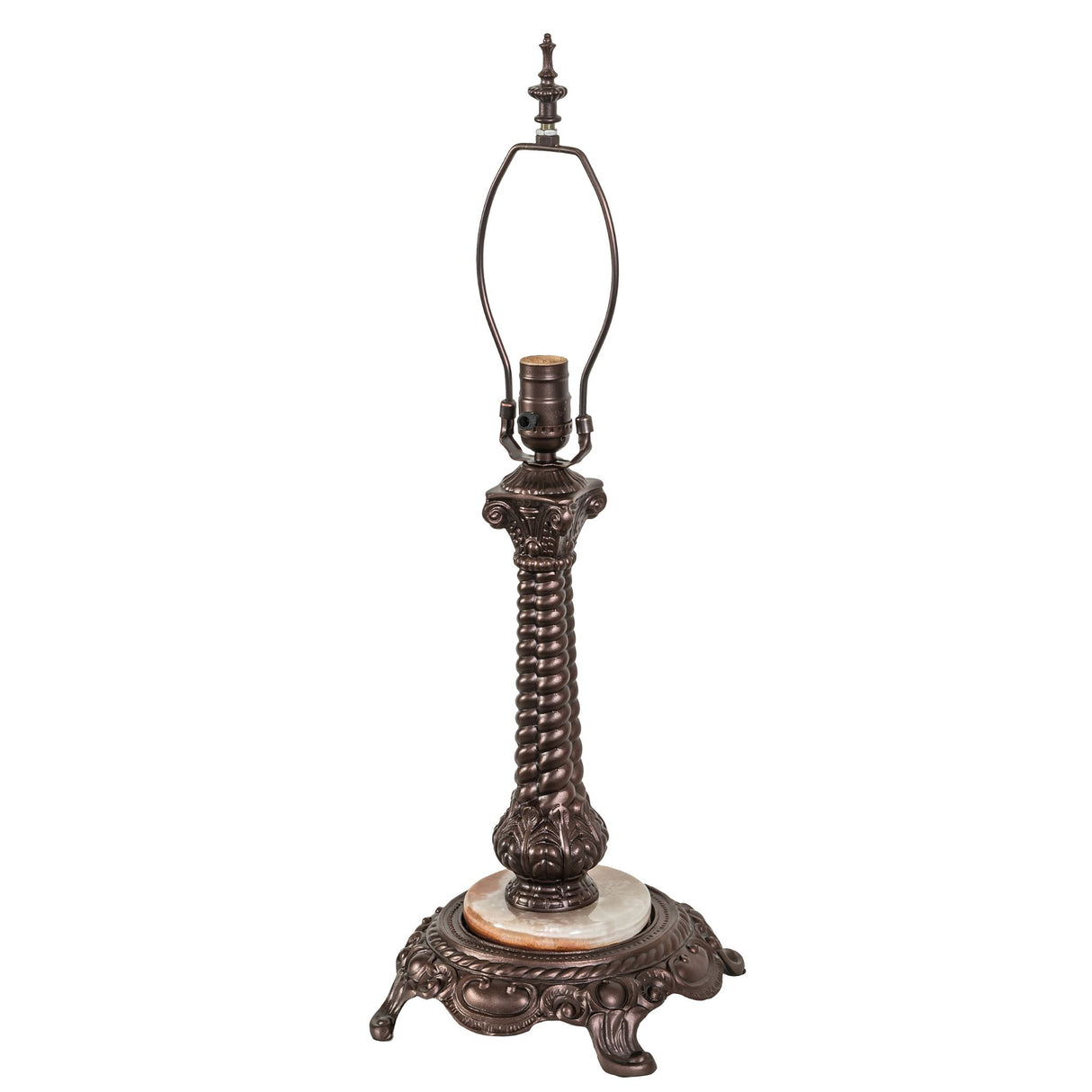 Elegant bronze lamp base with twisted column design and open harp.