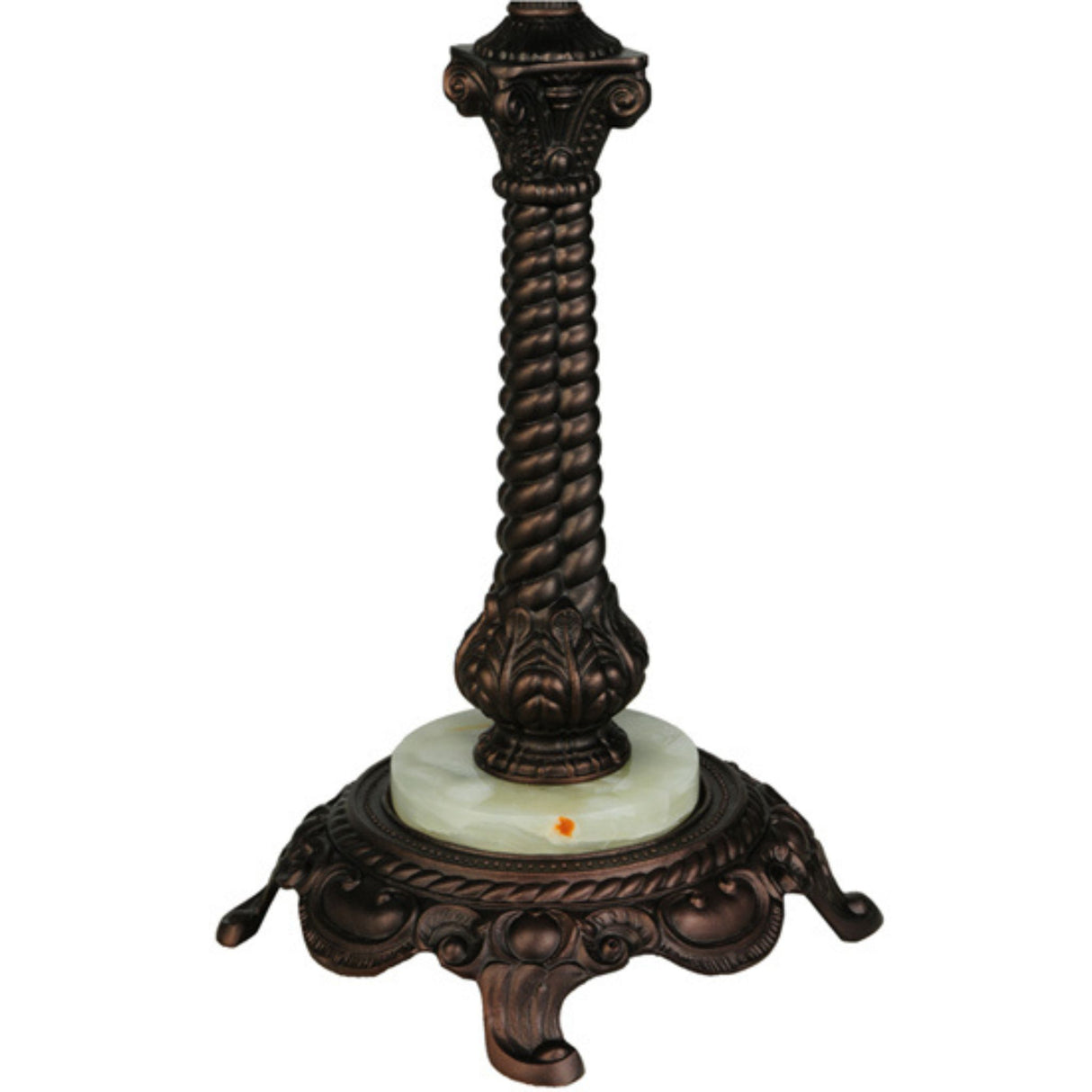 Detailed bronze table lamp base with a rope column and decorative feet.