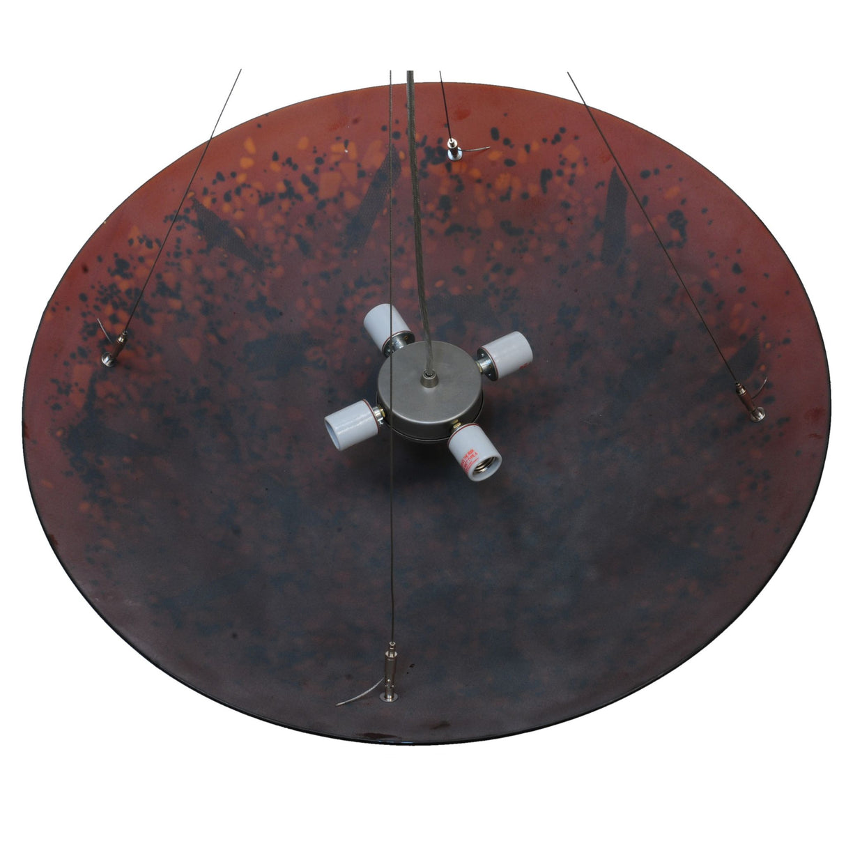 Close-up of brushed nickel 4-light pendant showing bulb sockets and fine finish details.