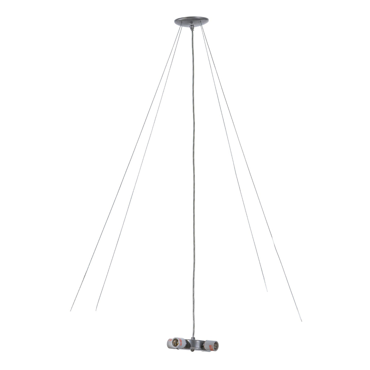 Long view of brushed nickel pendant hardware with suspended cable design for versatile interior lighting.