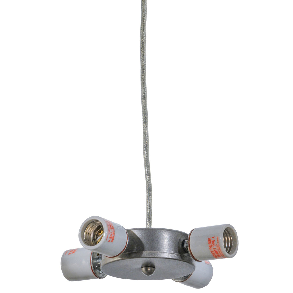 Overhead view of brushed nickel pendant hardware with four sockets.