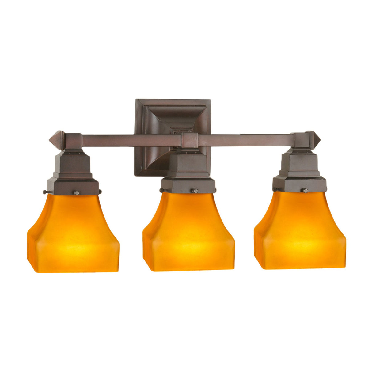 20"W Bungalow Frosted Amber 3-light vanity light with amber glass shades and bronze hardware.