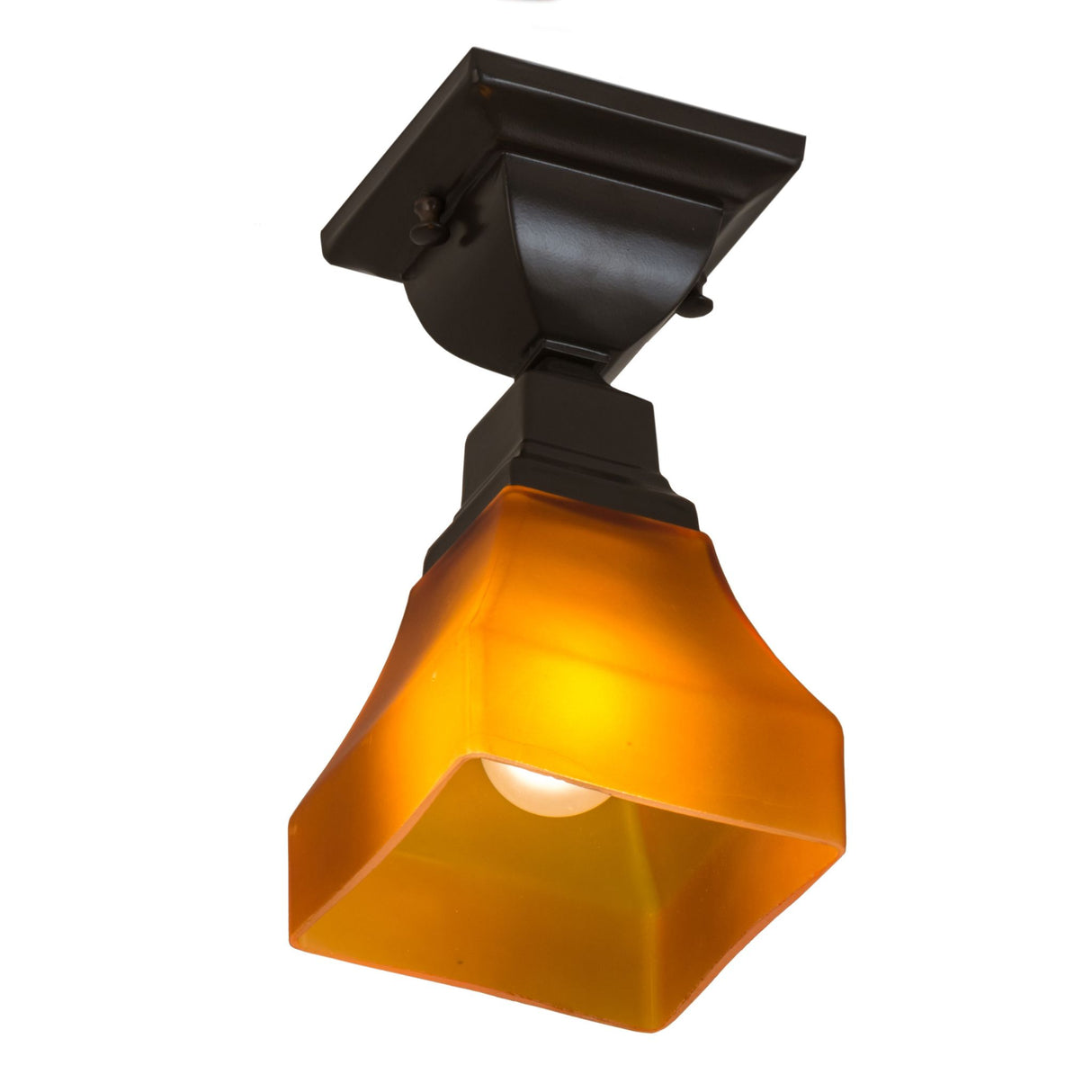 Angled view of the Bungalow Frosted Amber Flushmount highlighting its square design.