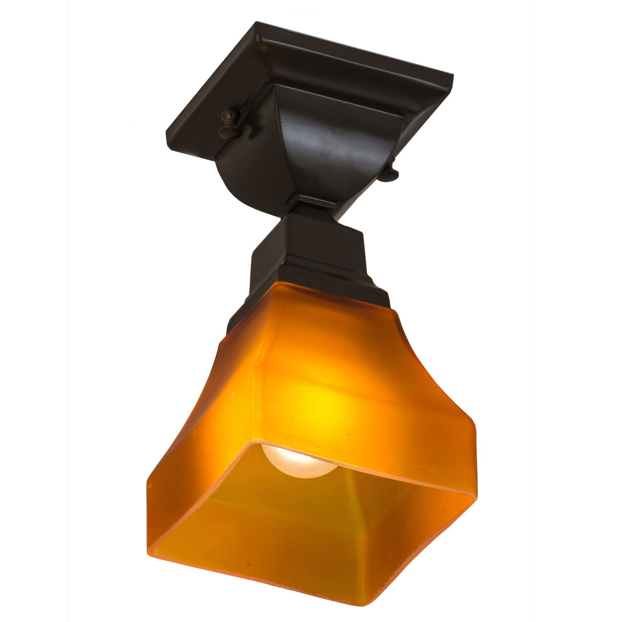 Bottom angle view of lit amber glass flushmount.