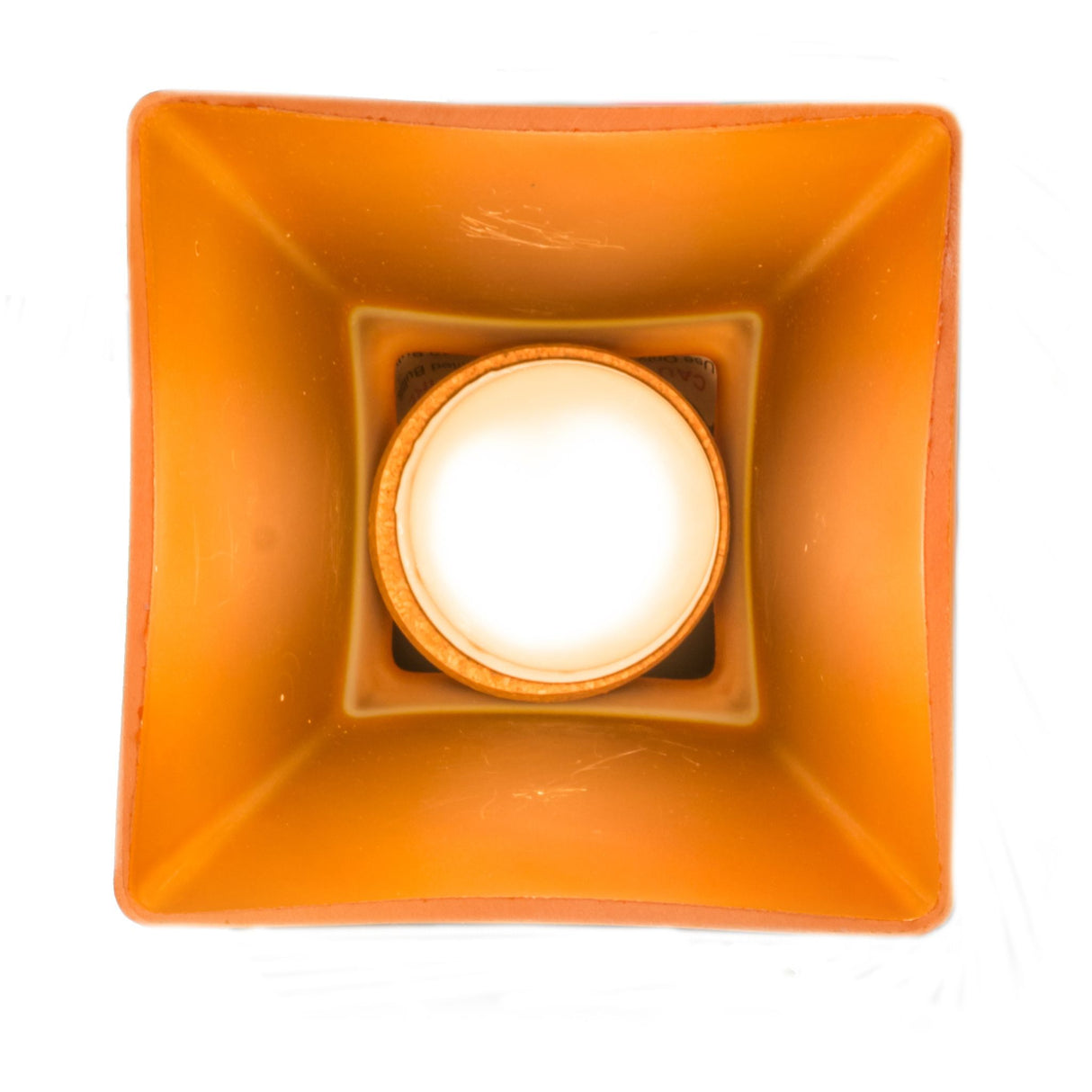 Bottom view of the Bungalow Frosted Amber Flushmount showing the open square glass.