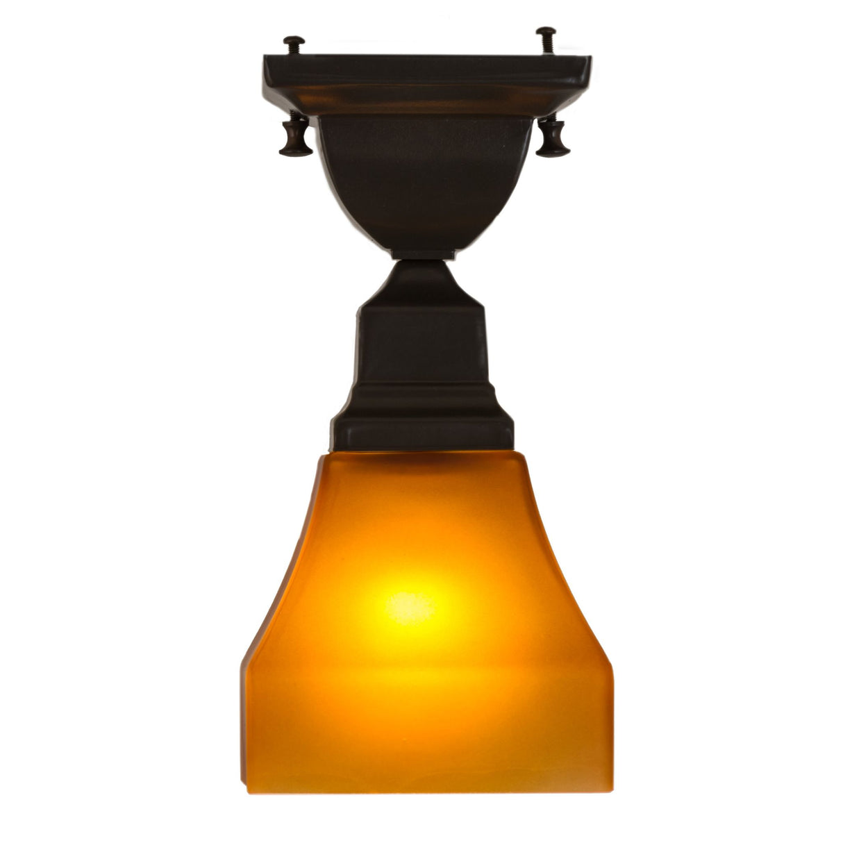Front view of the Bungalow Frosted Amber Flushmount with a stylish bronze finish.