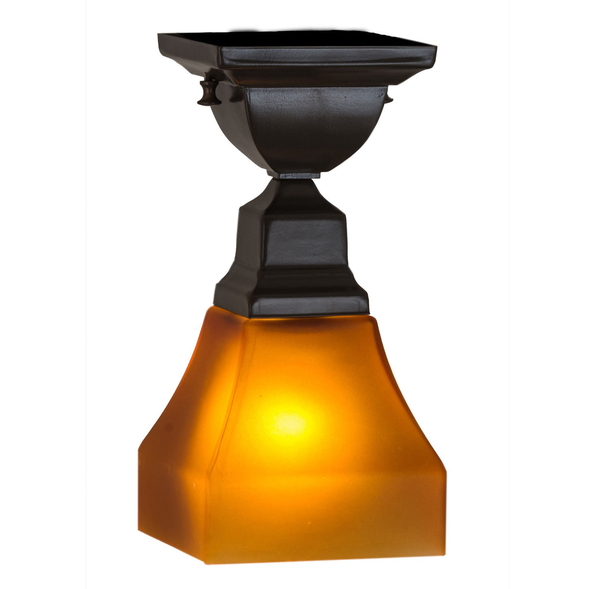 Side view of bungalow-style amber flushmount.
