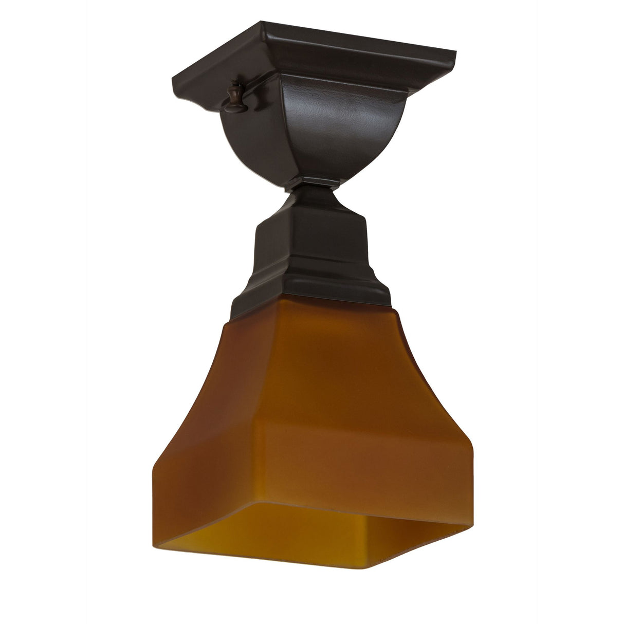 Unlit view of amber glass flushmount with dark bronze frame.