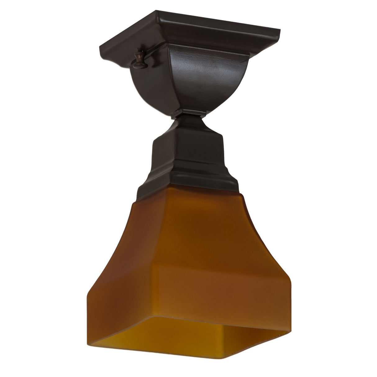 Unlit Bungalow Frosted Amber Flushmount showcasing its classic Timeless Bronze hardware.