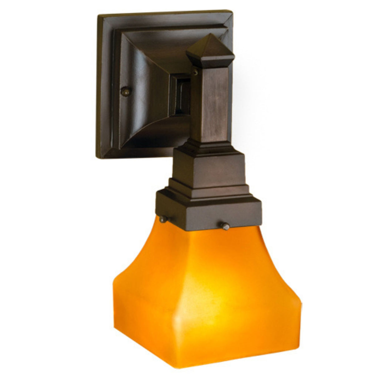 Illuminated Bungalow Frosted Amber Wall Sconce with Mahogany Bronze finish.
