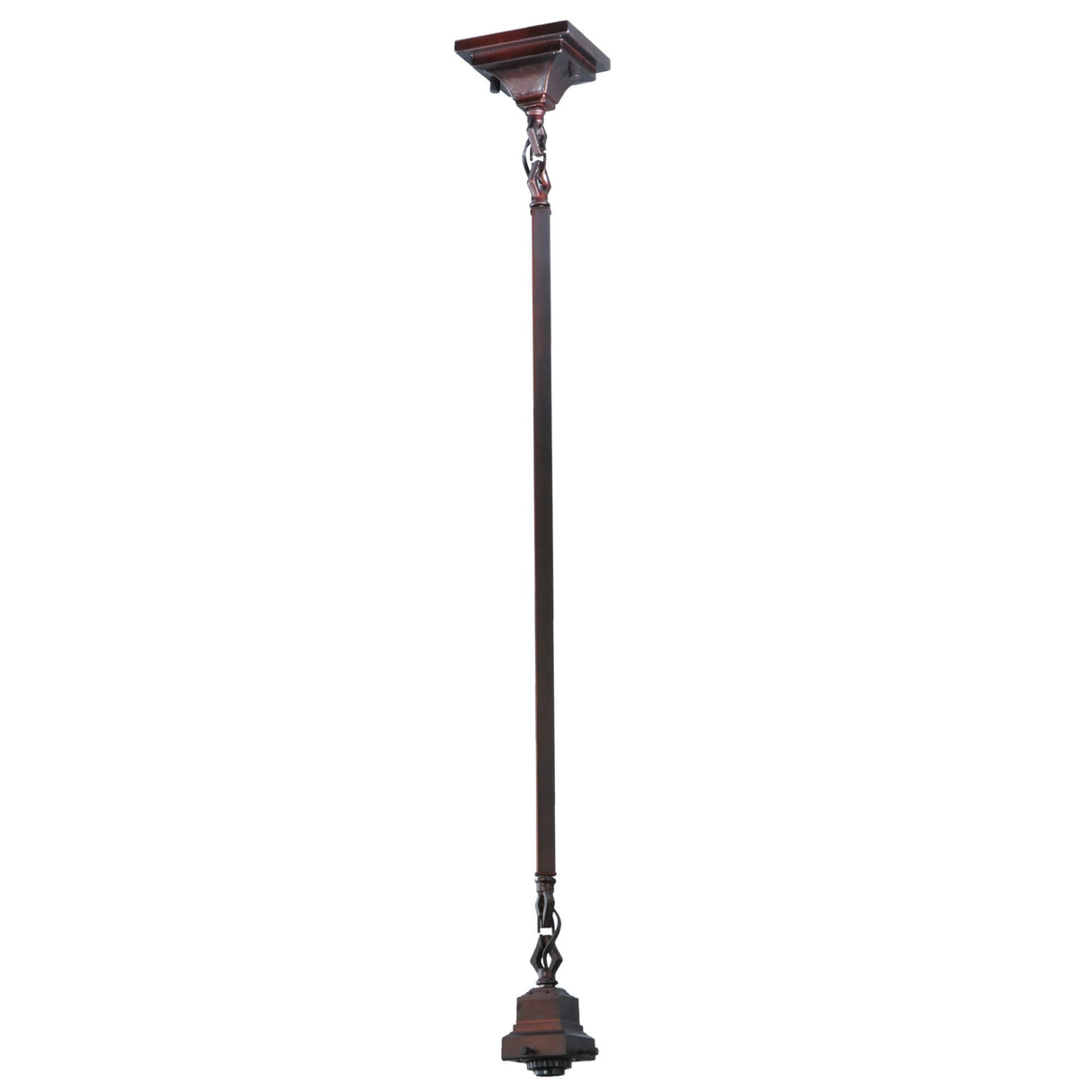 Angled view of 42" high Bungalow pendant hardware in mahogany bronze finish.