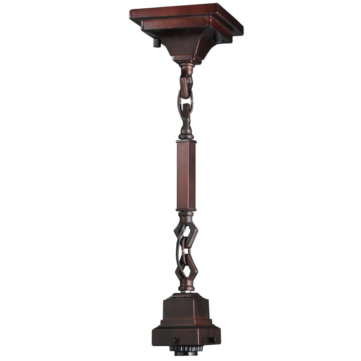 Full view of Bungalow pendant hardware in mahogany bronze finish with decorative chain detailing.