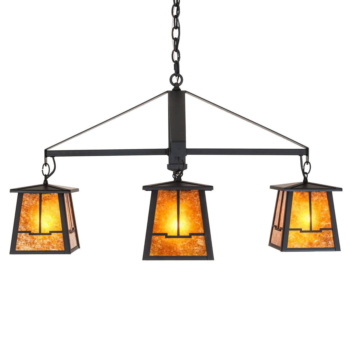 Front angle view of four-light chandelier highlighting shade arrangement.